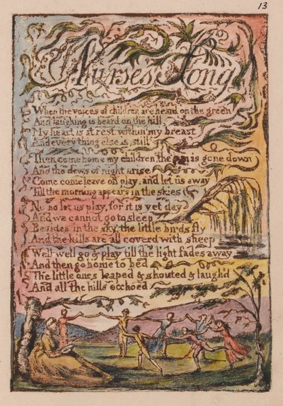 Liederen van onschuld en ervaring, plaat 13, lied van de verpleegster (Bentley 24) door William Blake